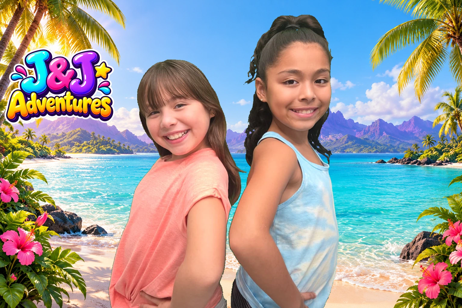 Jiselle and Jianna standing back-to-back against a tropical adventure background